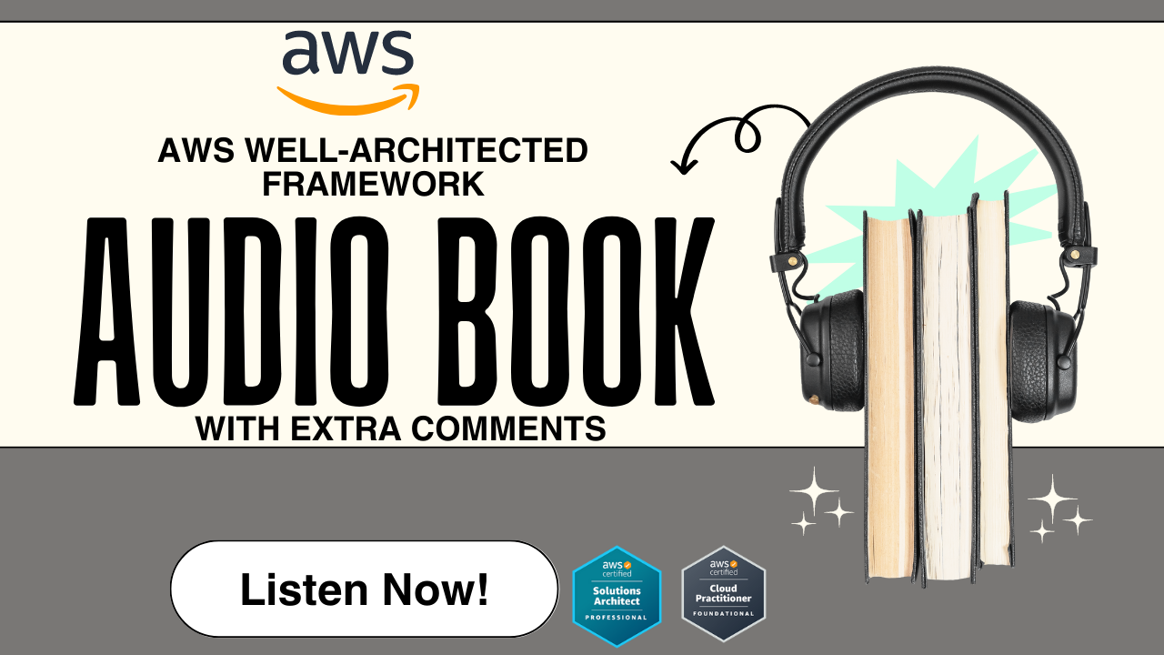 Become an AWS expert with ease.

Welcome to our AWS Well-Architected Framework Audio Book – your ultimate guide to understanding and applying the principles of AWS cloud architecture. This 200-minute audiobook, narrated by industry experts Mike and Emily, will take you on a comprehensive journey through each framework pillar, providing valuable insights and practical knowledge.