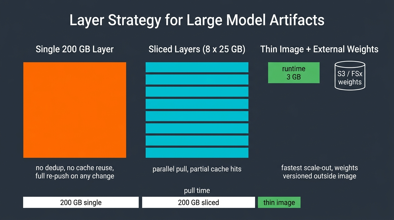 Comparison of three layer strategies for large model artifacts, showing a single 200 GB layer against sliced layers and a thin image with external weights, with relative pull times