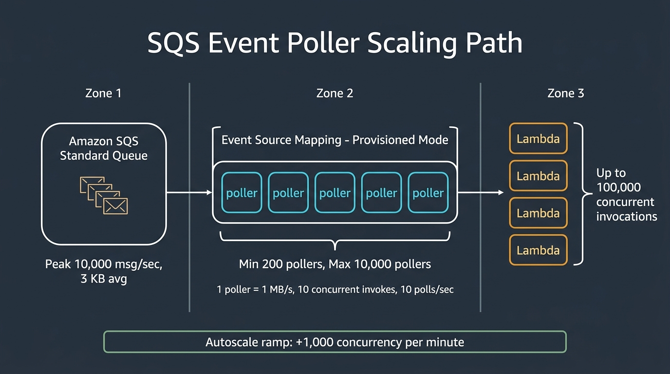 Diagram showing the SQS event poller scaling path from a standard queue through provisioned-mode event pollers to concurrent Lambda invocations