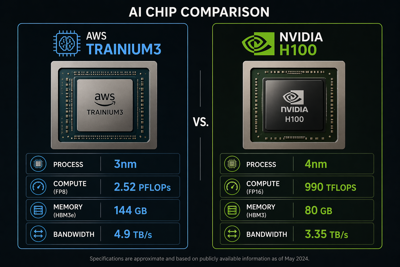 Trainium3 vs H100 chip architecture comparison